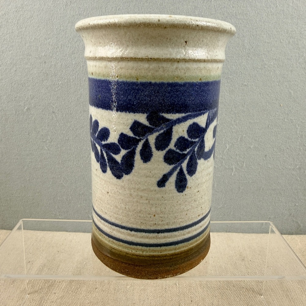 Vintage Studio Pottery Crock Cobalt Blue Leaf Motif Salt Glazed Stoneware 7"